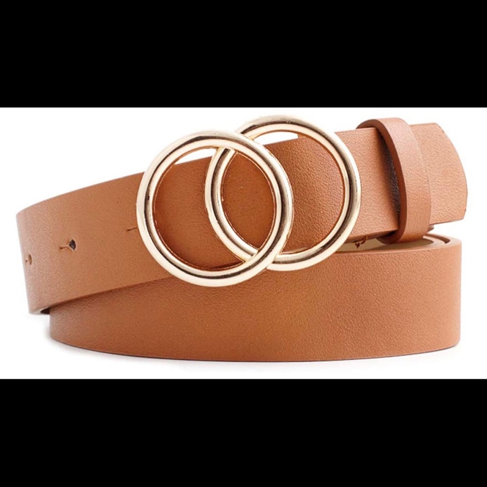 Women’s Brown Double Circle Ring Faux Leather Belt